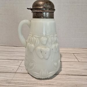 Vintage Victorian White Milk Glass Syrup Pitcher with Metal Lid Fruit Patteren